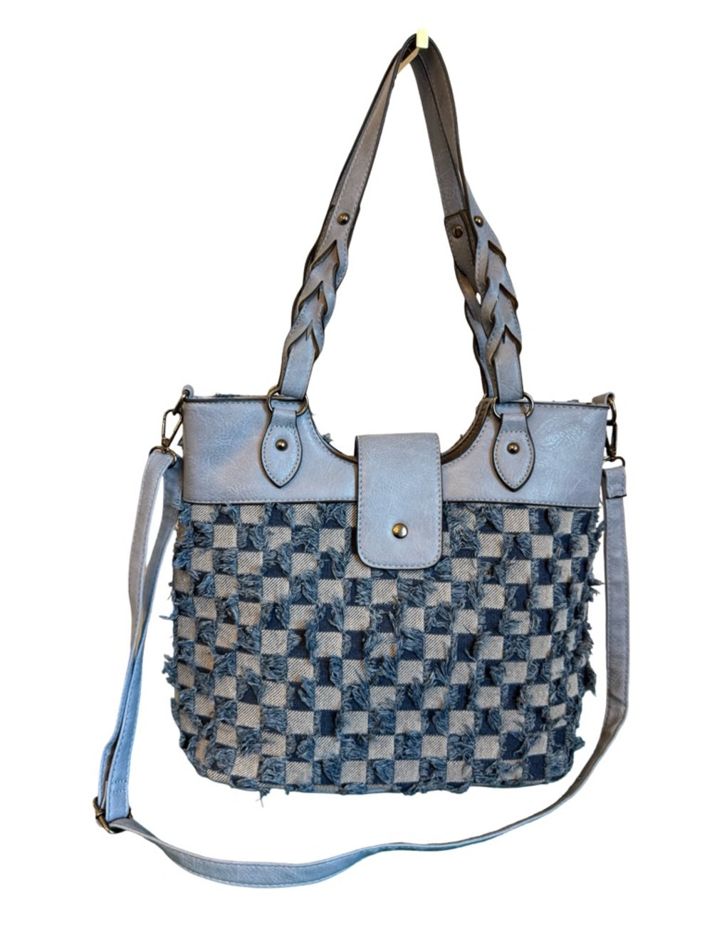 Sam & Hadley Denim Woven Shoulder Bag Blue Fringe Check Crossbody Boho Tote